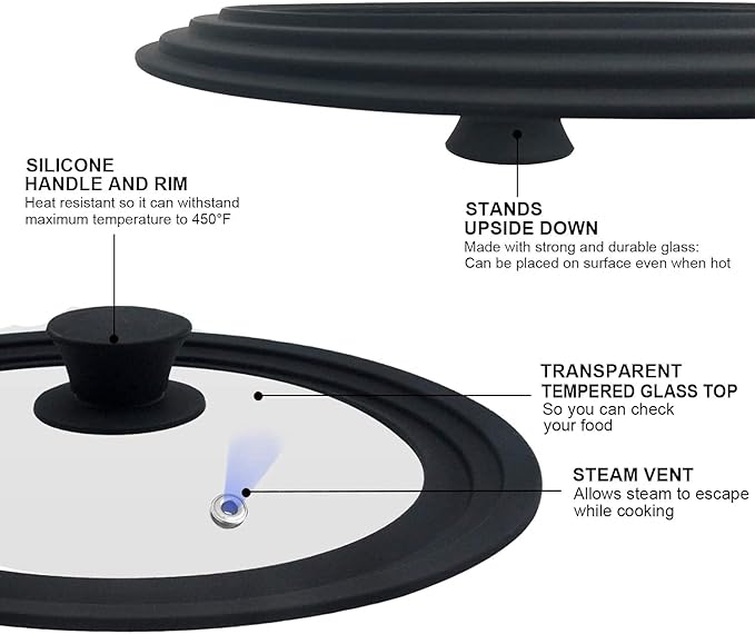 Walfos Universal Lids for Pots, Pans and Skillets - Tempered Glass with Heat Resistant Silicone Rim, Fits 6.5", 7" and 8" Diameter, 9.5", 10" and 11" Diameter Cookware（2PK）