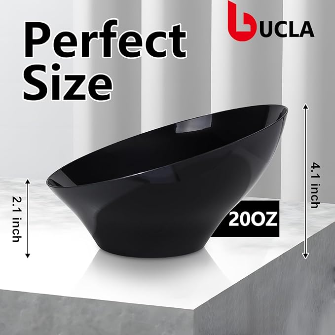 bUCLA 12 Pack Black Plastic Serving Bowls - 20 OZ Angled Bowls Disposable for Chip,Candy,Salad and Fruit - Ideal for Wedding, Party & Halloween