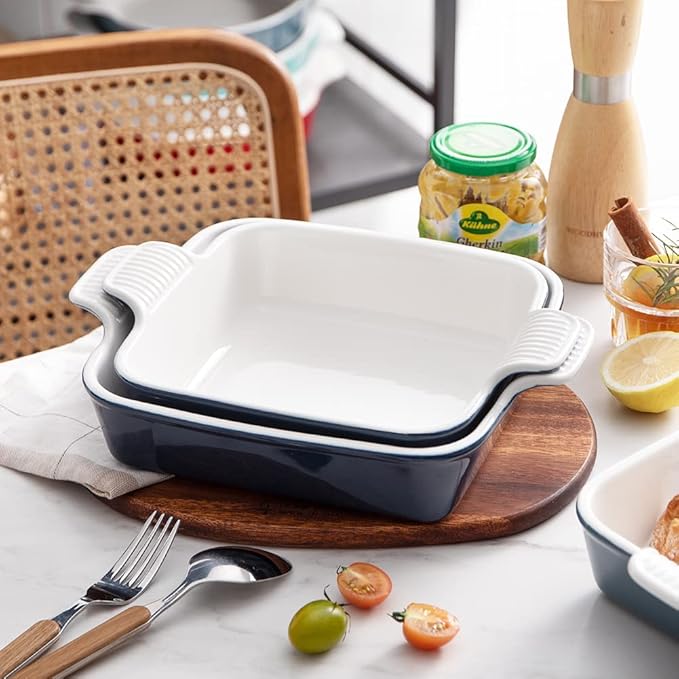 Sweejar Ceramic Baking Dish, 9 x 9 Cake Baking Pan for Brownie, Porcelain Square Bakeware with Double Handle for Casserole, Lasagna, Family Dinner (Navy)