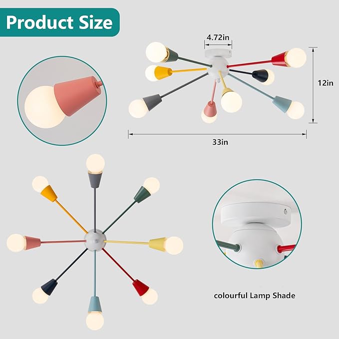 Colorful Chandelier, 8-Light Modern Sputnik Chandelier, Kids Ceiling Light with Multi Color Rainbow Semi Flush Mount Ceiling Lights for Living Room Dining Room Bedroom Playroom E26 Base