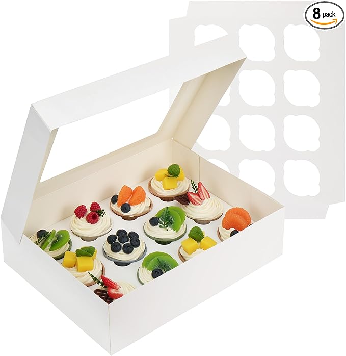 LotFancy Cupcake Boxes 12 Count, 8 Pack, Pre-Folded Cupcake Carrier with Window Holding 96 Cupcakes, Food Grade Cupcake Holders, Disposable Pastry Boxes for Birthday Holiday Party, White