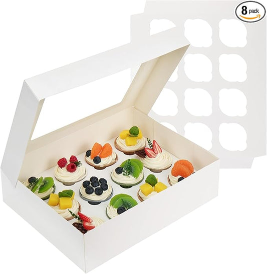 LotFancy Cupcake Boxes 12 Count, 8 Pack, Pre-Folded Cupcake Carrier with Window Holding 96 Cupcakes, Food Grade Cupcake Holders, Disposable Pastry Boxes for Birthday Holiday Party, White