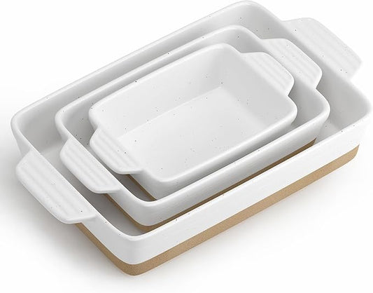 Ceramic Baking Dish, Casserole Dishes for Oven, Extra Deep Lasagna Pans with Handles, Rectangular Bakeware Set of 3 from Oven to Table, Easy to Clean, 14.7 x 8.7 x 3 Inches, White