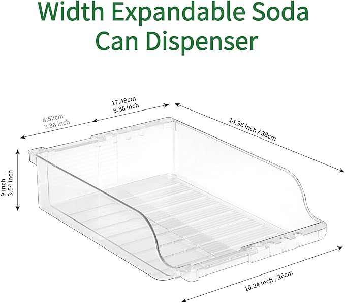 Adjustable Soda Can Dispenser for Refrigerator –Expandable Width PET Drink Organizer, Stackable Space-Saving Fridge Organizer for Cans & Bottles – 2 Pack