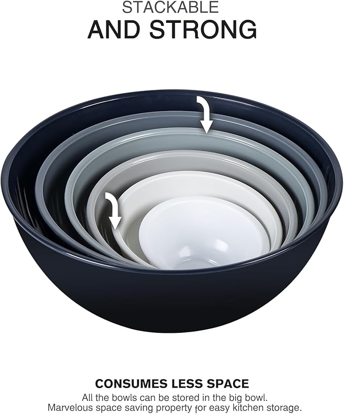 6-Piece Plastic Mixing Bowl Set with Lids for Kitchen, Nesting Storage Bowls for Baking, Prepping,Cooking and Serving Food, Dishwasher, Microwave Safe,Great for Mixing & Serving,Gray