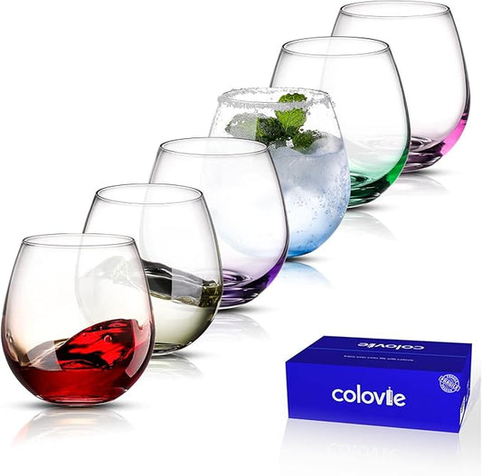 ColoVie Stemless Wine Glasses Set of 6, Large Colored Wine Glasses, Short Wine Glass Set for Red Wine, White, Red, No Stem Margarita Glasses, 15 oz