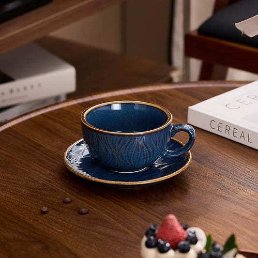 Vintage Design 12 oz Ceramic Latte Art Cappuccino Barista Cup with Saucer (Wave Blue)