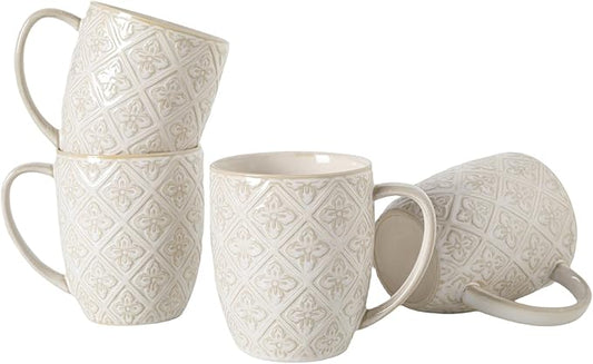 Coffee Mug Set of 4, 16 oz Large Ceramic Mugs, Porcelain Embossed Cups for Cocoa, Tea, Milk, Mocha, Cappuccino - Housewarming Present, Wedding Decoration, Dishwasher Safe, 3.5 x 4.5 inch