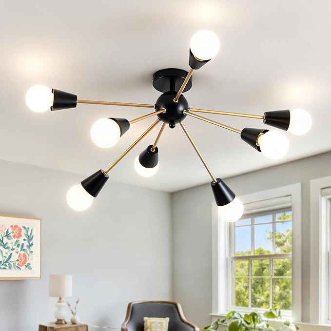 Modern Sputnik Chandelier - 8-Lights Farmhouse Ceiling Lights Fixture Black and Gold Semi Flush Mount Ceiling Light for Living Room Bedroom Hallway Entryway