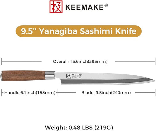 KEEMAKE Sashimi Sushi Knife Japanese - 9.5 inch Yanagiba Knife Japanese VG10 Stainless steel Single Bevel Blade, Perfect Rosewood Handle Filleting & Slicing Knives
