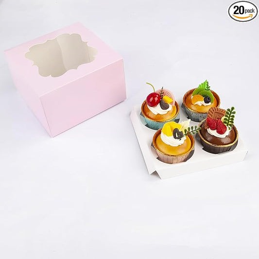 20 PCS 6.5 x 6.5 x 4 inch Paper, Cupcake Boxes with Inserts and Window Hold 4 Cupcakes, Bakery Boxes For Cupcakes Carrier, Cupcake Containers (Pink - 4 Holes)