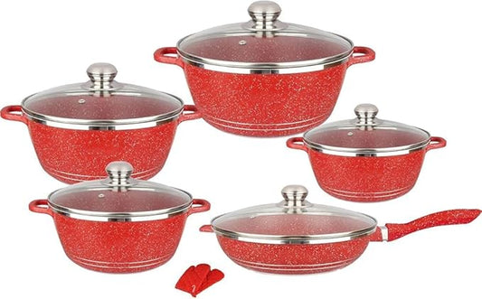10-Piece Nonstick Cookware Set | Granite and Marble Coated Aluminum Pots and Pans with Glass Lids | Includes Saucepans, Frying Pan, and Stock Pot(Color:Red)