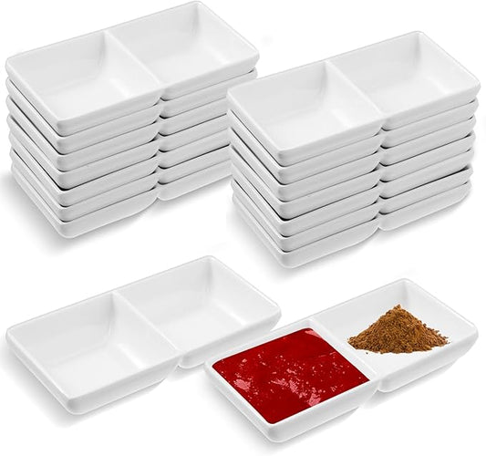 16 Pcs Sauce Dish, Dual Dipping Bowls Large Capacity Dual Sauce Bowls, Soy Two Compartments Party Trays Divided Fondue Plates for Restaurant Kitchen Sushi Soy Sauce (White)
