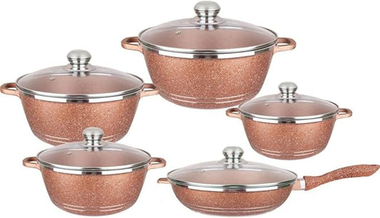 10-Piece Nonstick Pots and Pans Set, Granite & Marble Coated Cookware with Glass Lids - Aluminum Kitchen Essentials, Frying Pan, Saucepans, Stock Pot (Gold Variety Pack)