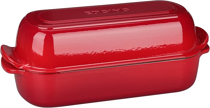 Enameled Cast Iron Loaf Pan with Lid, Dutch Oven Bread pan for Homemade Sourdough Bread Baking, 12.5x5.5 inch, 5qt, Red