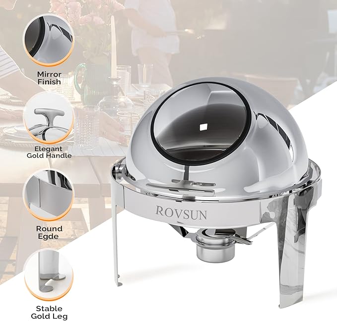 ROVSUN 3 Packs Roll Top Chafing Dish Buffet Set,6 Quart Round Stainless Steel Chafer for Catering,Buffet Servers and Warmers Set with Glass Window for Wedding, Parties, Banquet, Events，Graduation