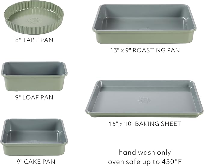 Sur La Table Kitchen Essential Carbon Steel Baking Pans Bakeware Set W/Premium PFOA, PFAS, PTFE Free Grey Non stick - Juniper Green Exterior