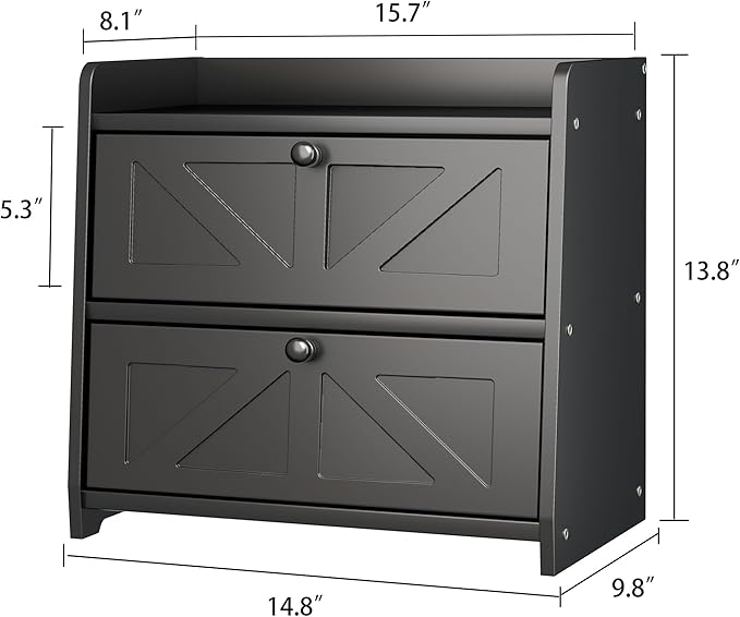 Bread Box for Kitchen Countertop, Double Layer Wooden Breadbox, Large Capacity Bread Storage Bin, Homemade Bread Storage Container, Farmhouse Breadbox Organizer, Black