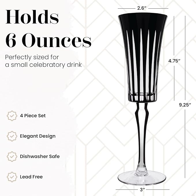 Vikko Champagne Flutes, Timeless Collection 6 Ounce Elegant Wine Glass for Fine Dining, Set of 4 Black Goblets with Stem, Dishwasher Safe