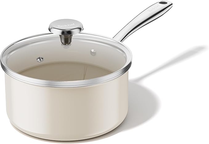 Redchef Ceramic Sauce Pan with Lid, 2.5QT Small Saucepan, Nonstick Cooking Pot with Stay-Cool Handle, Kitchen Non Toxic Soup Pot, PTFE & PFOA Free, Oven Dishwasher Safe, Compatible All Stovetops-Beige