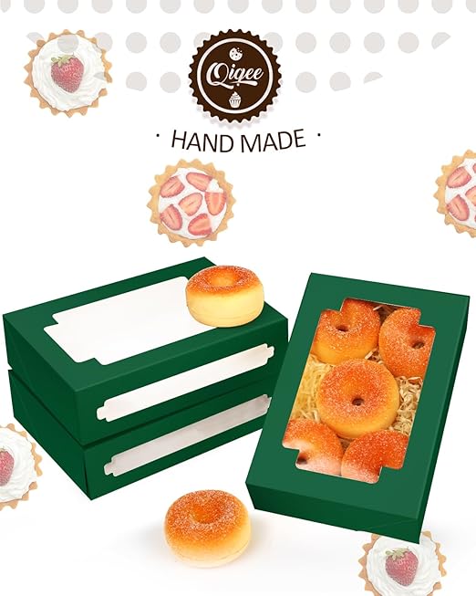 qiqee Deep Green Cookie Boxes for Gift Giving 8x5.3x2 inch 24Packs Deep Green Bakery Box with Window Treat Box for Donuts Candies and Biscuit