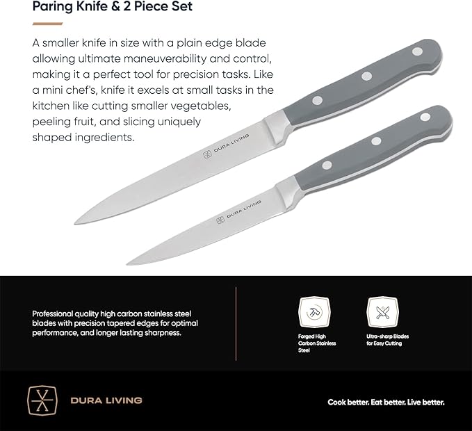 3-Piece Kitchen Knife Set – Ultra-Sharp Forged High Carbon Stainless Steel, Includes 8" Chef, 5" Utility, 3.5" Paring Knives, Ergonomic Handles, Professional Starter Set, Gray