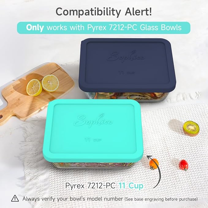 Sophico 11 Cup Rectangle Silicone Storage Cover Lids Replacement for Pyrex 7212-PC Glass Bowls, Container not Included (MINT-NAVY BLUE)