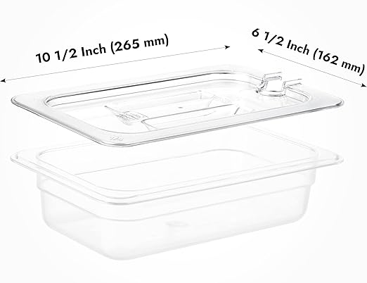 CURTA 6 Pack Food Pan Lids, 1/4 Size Polycarbonate Notched Cover with Handle, Plastic Clear