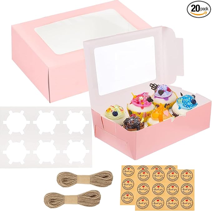 20 Pack Cupcake Boxes 6 Count with Window, Muffin Box with Inserts, Cake Boxes, Paper Bakery Cookie Boxes Ideal Take Out Container Box for Cupcake, Cake, Pastry, Treats, Dessert, Donuts (Pink)
