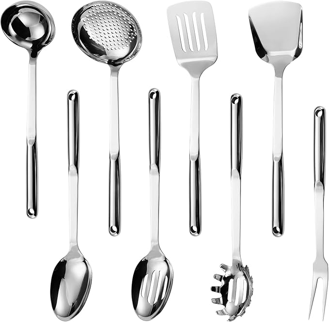 304 Stainless Steel Cooking Utensils Set, 8PCS Kitchen Utensils Set, Include Skimmer, Soup Ladle, Spaghetti Server, Wok Spatula, Slotted Spoon, Solid Spoon, Slotted Spatula Turner & Meat Fork