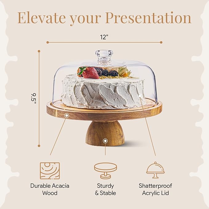 Acacia Wood Cake Stand with Lid - 12in Round Cake Holder, 2-in-1 Dessert Table Display Set & Charcuterie Board for Cheese, Chips & Dips, Nachos, Fruit Platter, Large Acrylic Cake Dome Cover