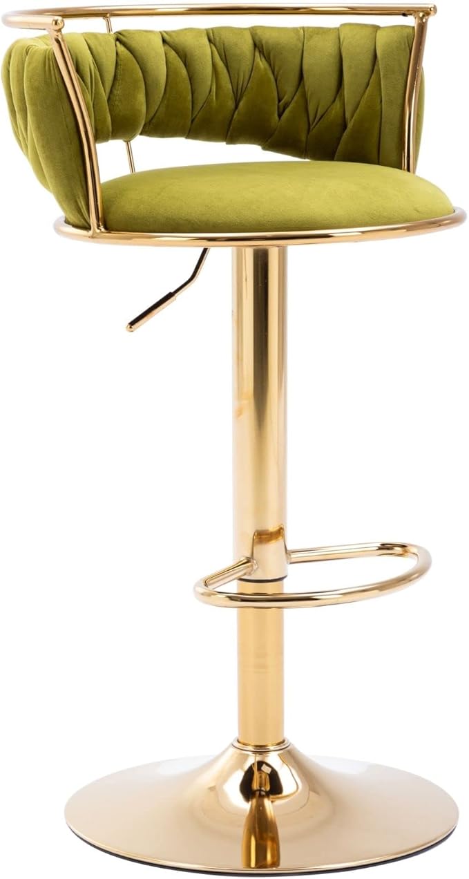 LukeAlon Velvet Adjustable Barstools, Modern 360° Swivel Counter Stools with Golden Base Upholstered Open Back Tall Bar Chair with Footrest for Home Kitchen, Green