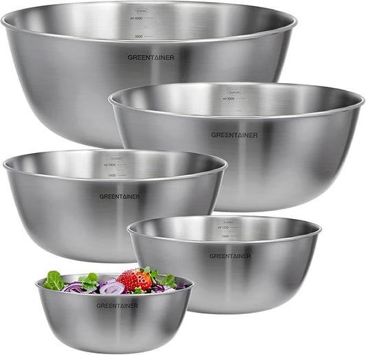 5-Piece Stainless Steel Mixing Bowls Set for Kitchen, Nesting Bowls for Mixing, Baking, Prepping, Cooking and Serving Food, Metal Mixing Bowls Dishwasher Safe