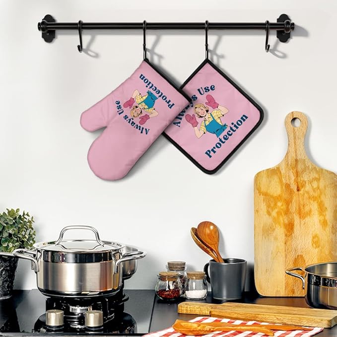 Always Use Protection Oven Mitts and Pot Holders Sets, Funny Retro Kitchen Oven Mitts for Baker, Housewarming Gifts for Foodies Housewives Baker Lover, Hostess Gifts for Mom, Baking Present