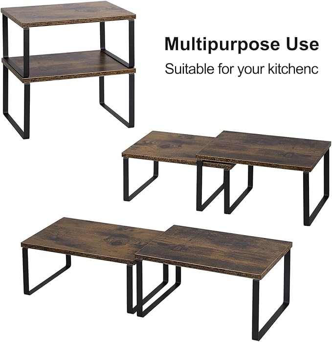 NEX Kitchen Cabinet and Counter Shelf Organizer, Shelf Riser for Pantry Countertop Cupboard Desk Top, Stackable & Expandable, Set of 4, Black and Rustic Brown