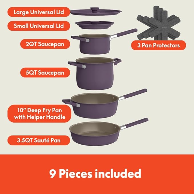 bella 9 Piece Ceramic Nonstick Cookware Set, Fits-anywhere™ Kitchenware w EverGood™ Coating, Dishwasher & Oven Safe, All Stovetops Compatible, Stackable Design, Cool Touch Handles, Plum