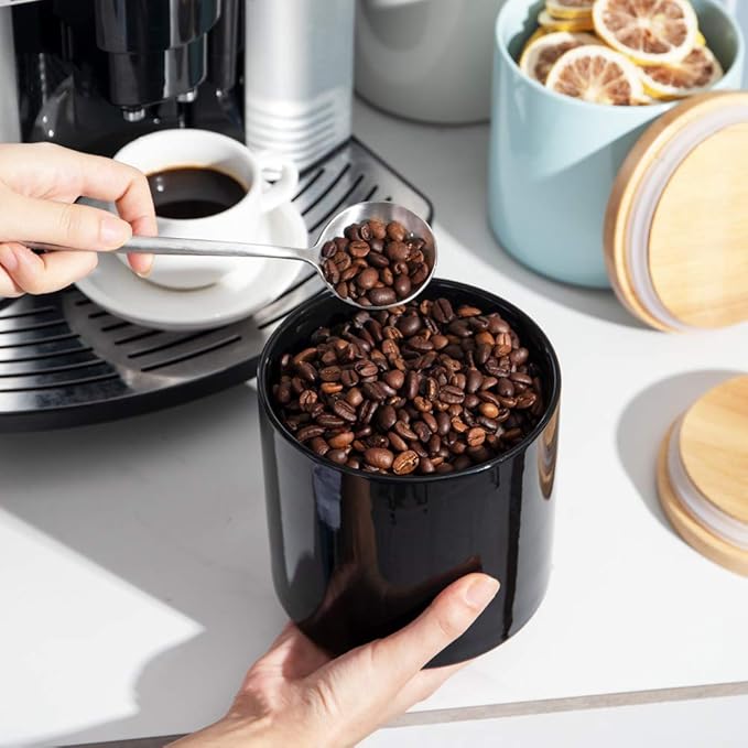 Sweejar Kitchen Canisters Ceramic Food Storage Jar, Stackable Containers with Airtight Seal Wooden Lid for Serving Coffee Bean, Flour, Tea, Spice and More - 39 Fl Oz (Black)