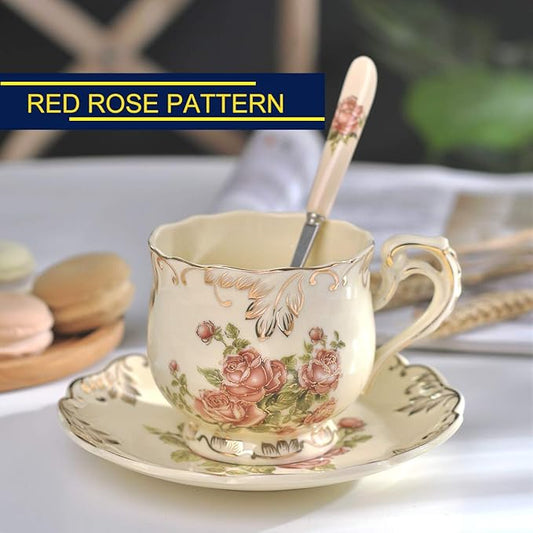 YOLIFE Ivory Pink Rose Tea Cups and Saucers Set of 6, 8 oz Vintage Floral Porcelain Tea Cups Set, Coffee Cups with Golden Rack