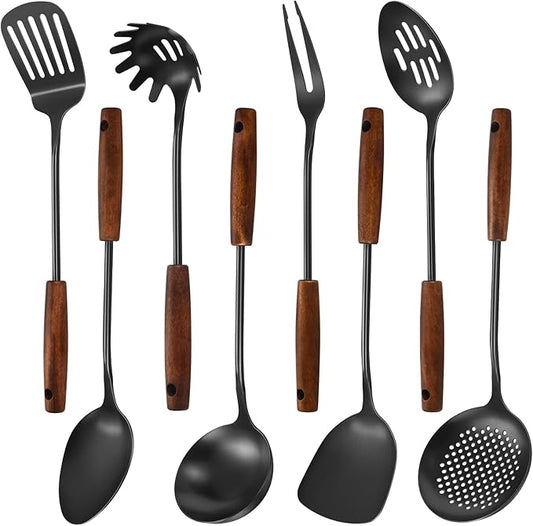 304 Stainless Steel Kitchen Utensils Set, 8 Pcs Long Cooking Utensils Set with Wooden Handle, Large Heat Resistant Kitchen Tools(Black, Dishwasher Safe)
