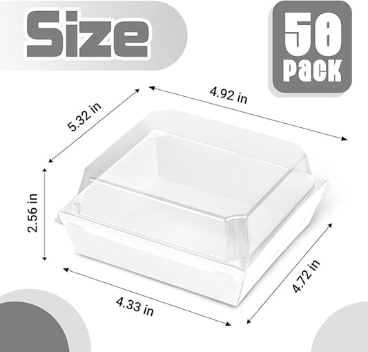 Plastic Charcuterie Boxes with Clear Lids 5in 50pcs, White Small Square To Go Paper Bakery Dessert Boxes, Disposable Mini Food Containers for Sandwich Cookie Slice Cake Strawberry Snack