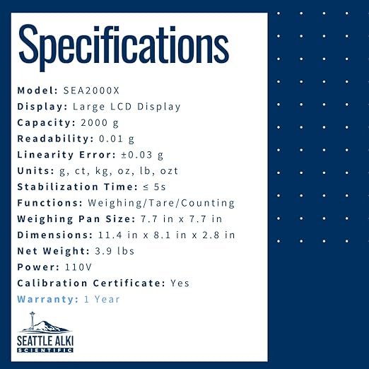 Seattle Alki Scientific Analytical Precision Scale 2000g x 0.01g, Grams, Pounds, Ounces, Carats, High Accuracy Digital Balance for Laboratory, Business, Jewelry, by Fristaden Lab