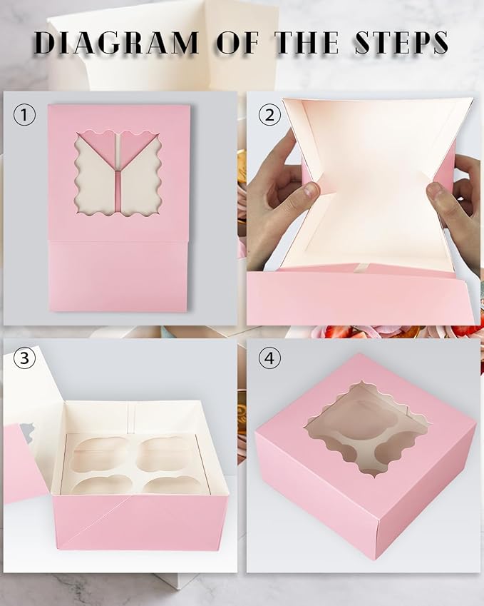 Bakepacker Auto-pop up 4 Cupcake Boxes with Window 20 Count Pink Box 6.3 x 6.3 x 3inch Cupcake Carrier