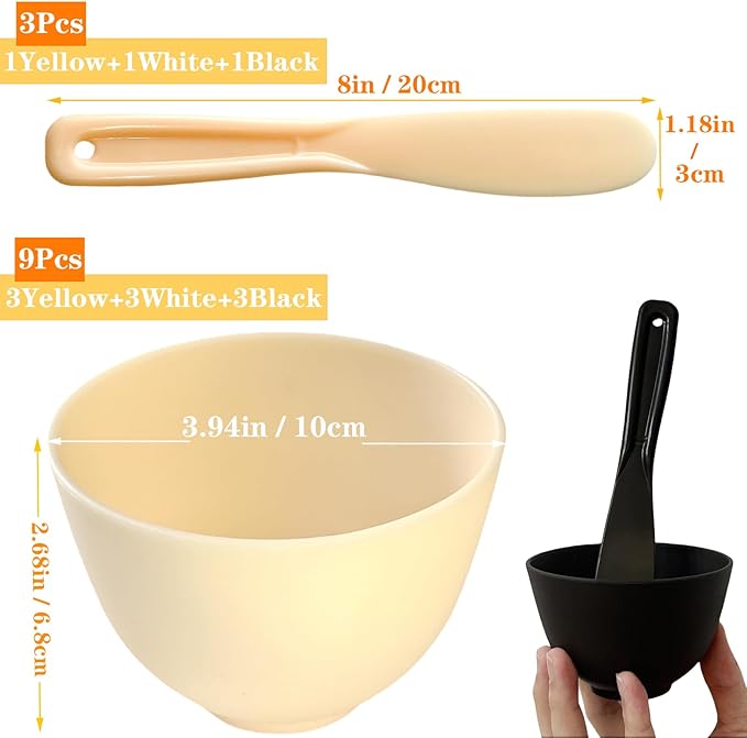 12Pcs Silicone Facial Mask Bowl DIY Face Mask Mixing Bowl for Home Salon Spa Face Skin Applicator Bowl with Stir Sticks, Black,White,Yellow