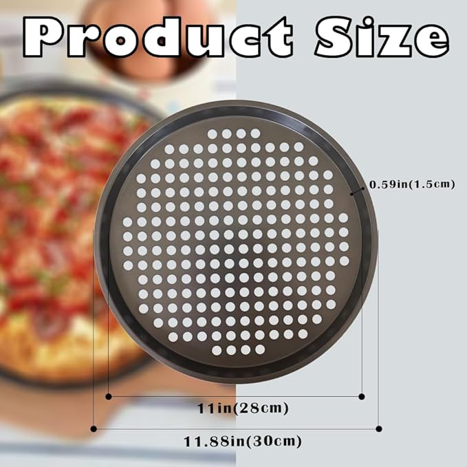 Perforated Pizza Pan, 2-Pack Oven Ready Pizza Tray, Carbon Steel Perforated Pizza Pan, Non-Stick Round Pizza Baking Pan for Frozen and Homemade Pizza Home Kitchen Restaurant - 11 Inch, Black