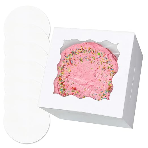 qiqee White 6x6x5 Cake Box, 4 Sets White Cake Box with Window ＆ 4 Sets 6" White Cake Round Boards, 6inch Cake Containers
