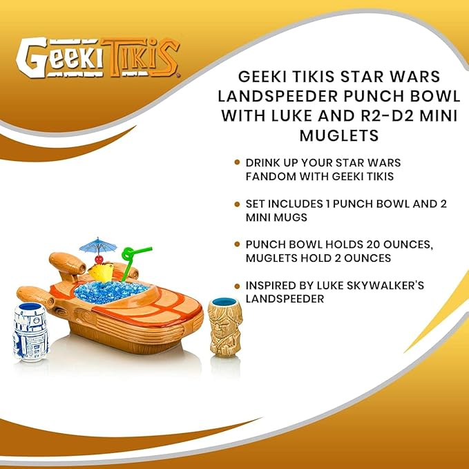Geeki Tikis Star Wars Landspeeder Punch Bowl with Luke and R2-D2 Mini Muglets | Official Lucasfilm Collectible Tiki Cups | Tumbler Cocktail Glasses, Tropical Drinkware For Home Barware Set