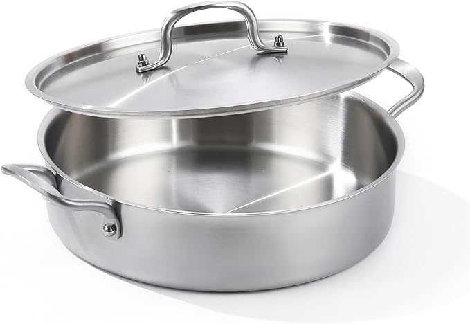 13-inch 8QT Tri-Ply Stainless Steel Sauté Pan | Large Deep Skillet with Lid | Even Heating+Jumbo Surface | Flared Edge Transfer | Non-Toxic 650°F Oven Safe