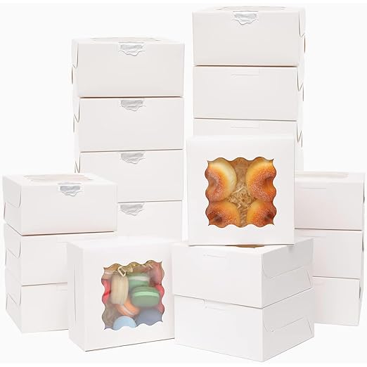 Bakepacker 60pcs White Bakery Boxes with Window 6x6x3 inches Thick & Sturdy Macaroon Pastry & Cookie Boxes