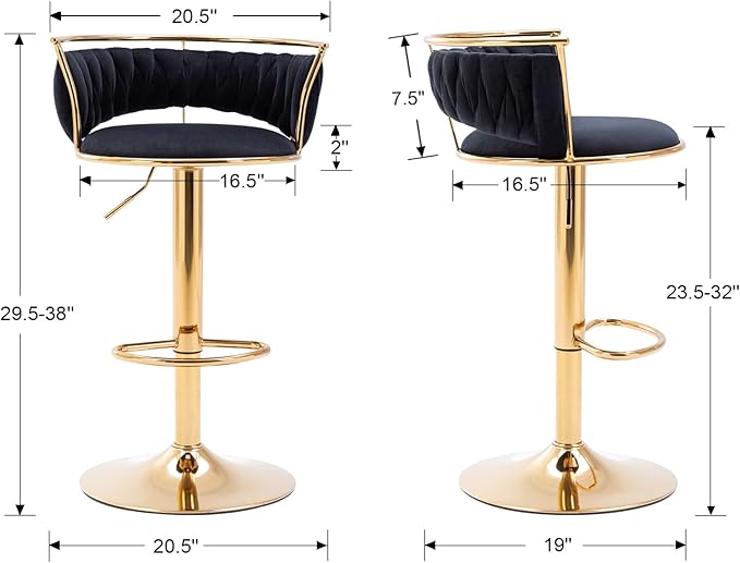 LukeAlon Velvet Adjustable Barstools Set of 4, Modern 360° Swivel Counter Stools with Golden Base Upholstered Open Back Tall Bar Chairs with Footrest for Home Kitchen, Black