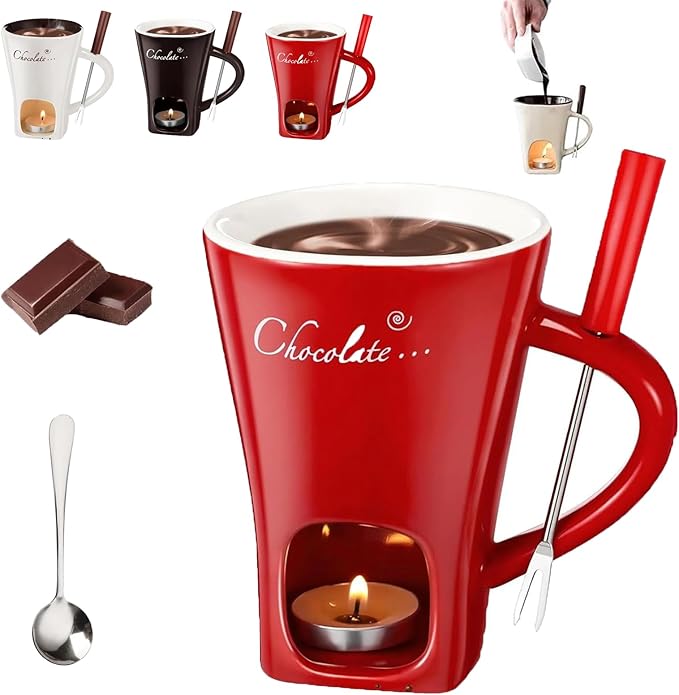 Meltie Cup, Portable Ceramic Meltie Cup Handcrafted Fondue Cups with Fork and Spoon, Chocolate Melting Mug Set for Desserts, Snacks (Red)